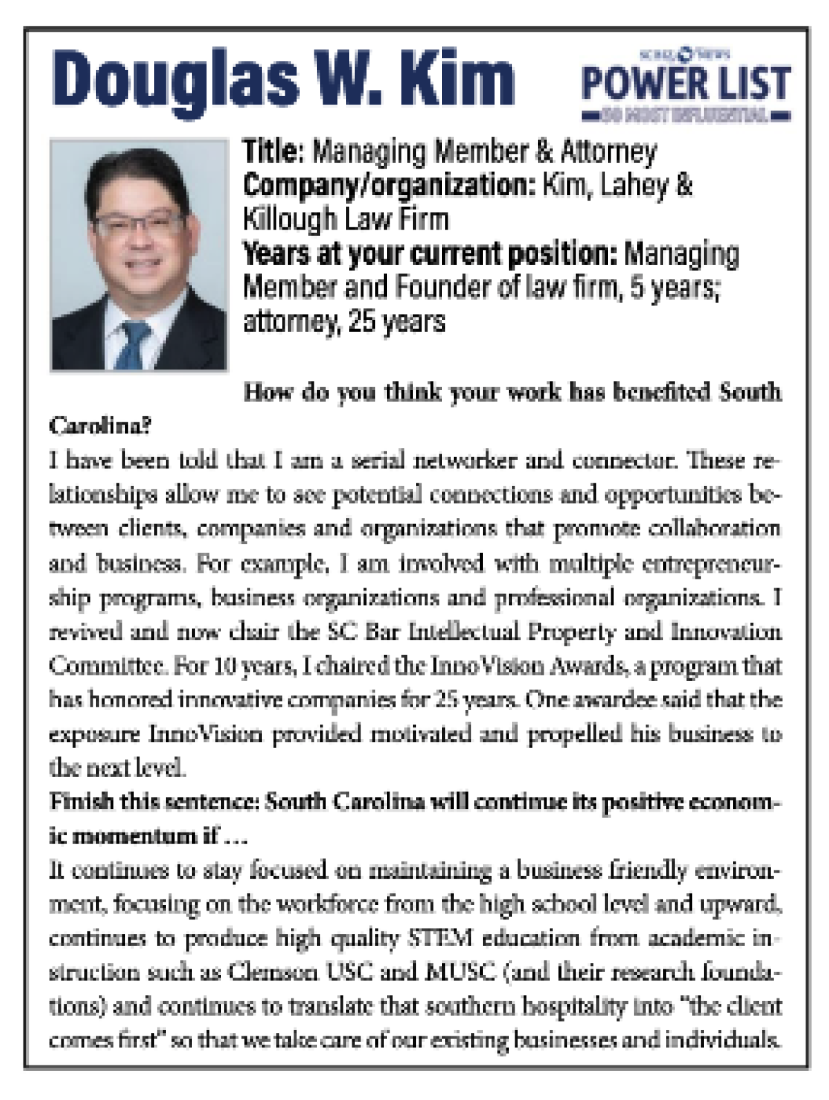 SC Biz News Selects Attorney Doug Kim for 50 Most Influential List 2023