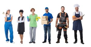 a stock photo of people dressed for different professions representing a painter, an office worker, a housekeeper, a delivery person, a construction worker and a cook 