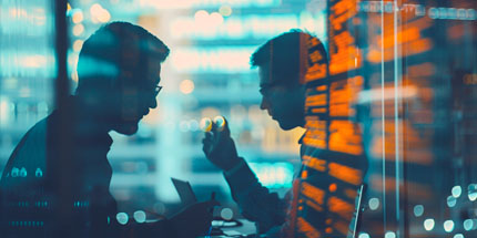 tech-lic stylized image of two men in discussion over their laptops with computer code superimposed