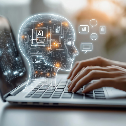 a closeup of hands on a laptop keyboard with a projection of a human head, the letters AI and other computer generated art rise from the keyboard