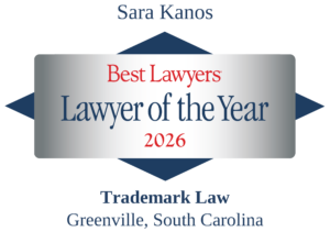 Greenville IP attorney Sara Kanos 2026 Best Lawyers Trademark Law Lawyer of the Year badge