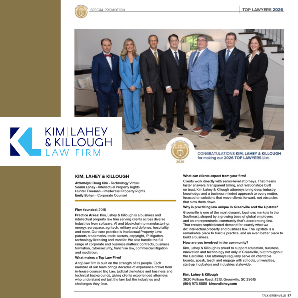 screenshot of online profile of Kim Lahey and Killough attorneys profile in Greenville TALK Magazine highlighting Top Lawyers in the Greenville, South Carolina metro market. Attorneys Doug Kim, Seann Lahey, Hunter Freeman and Emily Bohan are featured.
